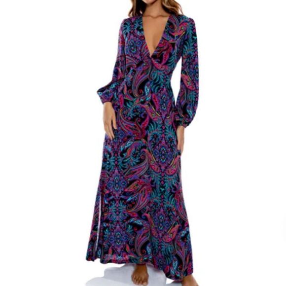 Luli Fama x Anthropologie Que Linda Printed Deep-V maxi Dress in pink - Picture 1 of 8
